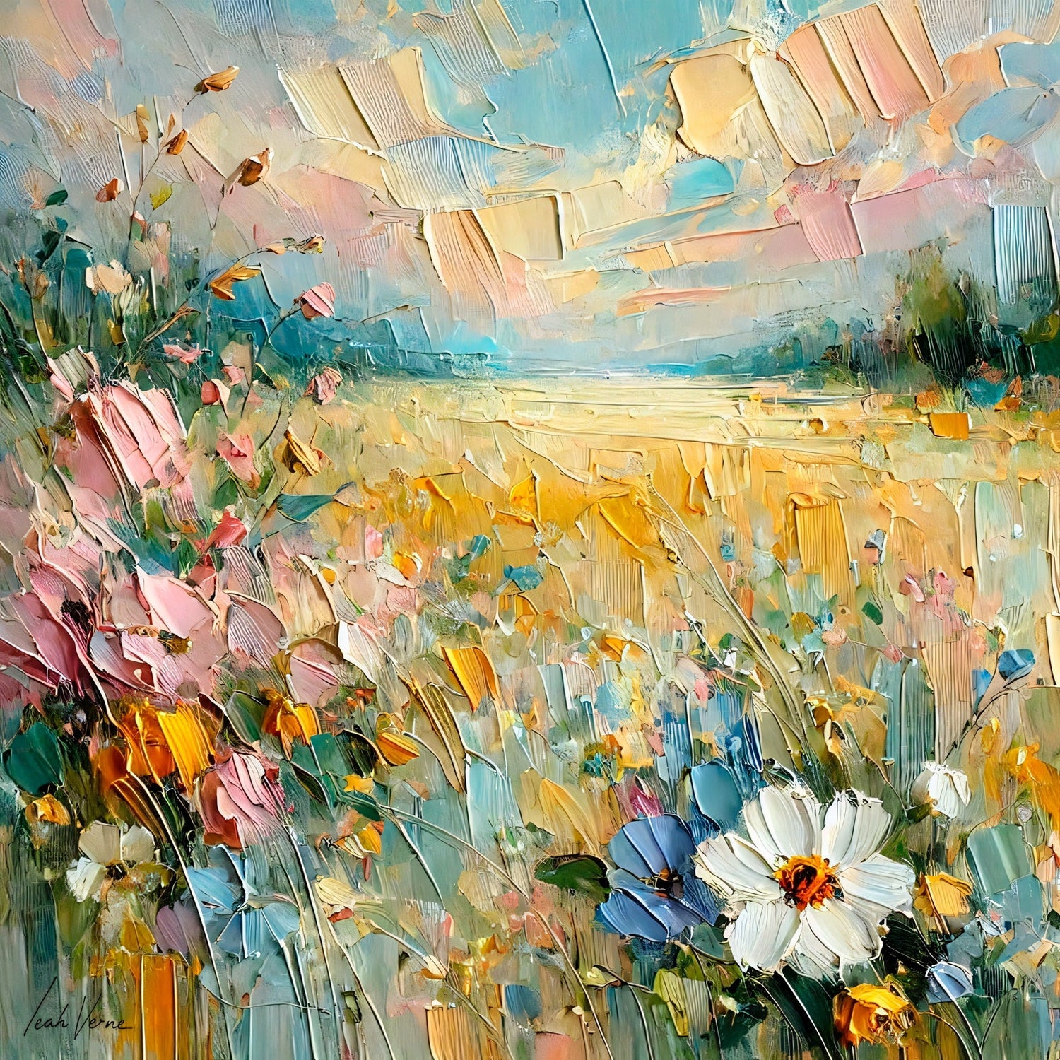 Meadow in Bloom Painting | Vibrant Floral Landscape by Leah Verne