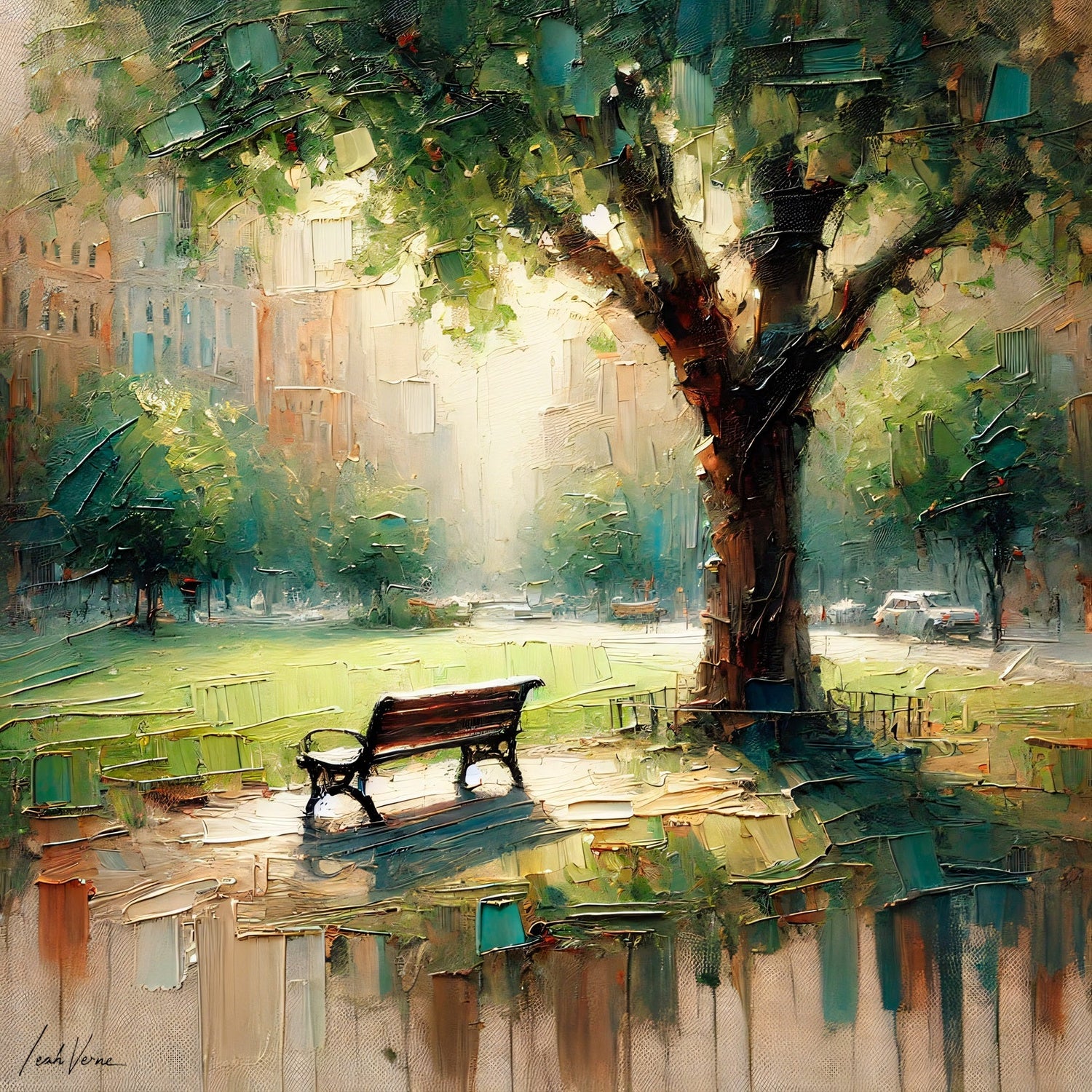 Park Bench Solitude Painting | Peaceful Urban Scene by Leah Verne