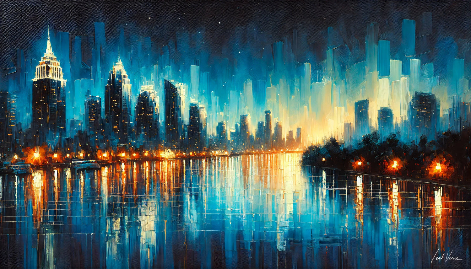 City at Night Painting | Vibrant Urban Nightscape by Leah Verne