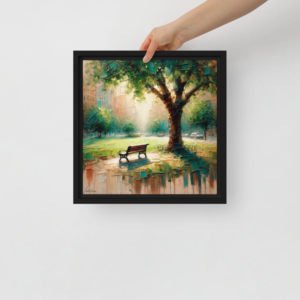 Park Bench Solitude Framed Canvas | Peaceful Urban Escape by Leah Verne