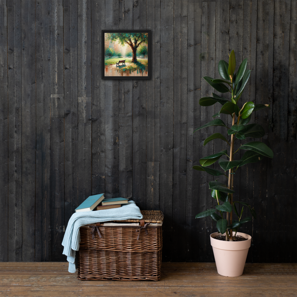 Park Bench Solitude Framed Canvas | Peaceful Urban Escape by Leah Verne