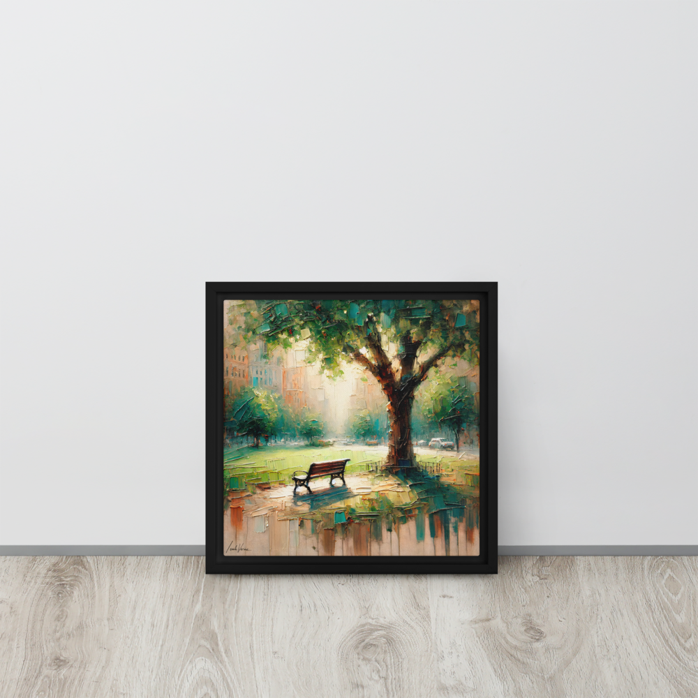 Park Bench Solitude Framed Canvas | Peaceful Urban Escape by Leah Verne