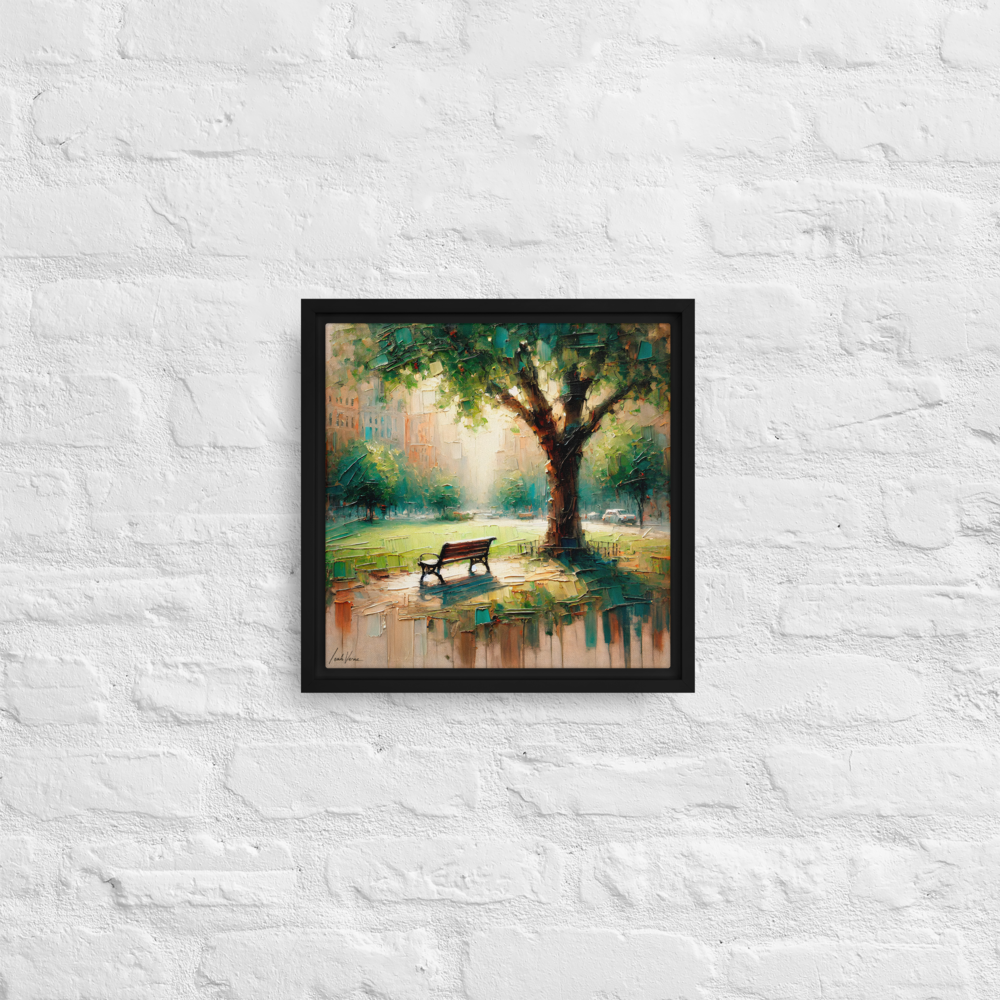 Park Bench Solitude Framed Canvas | Peaceful Urban Escape by Leah Verne