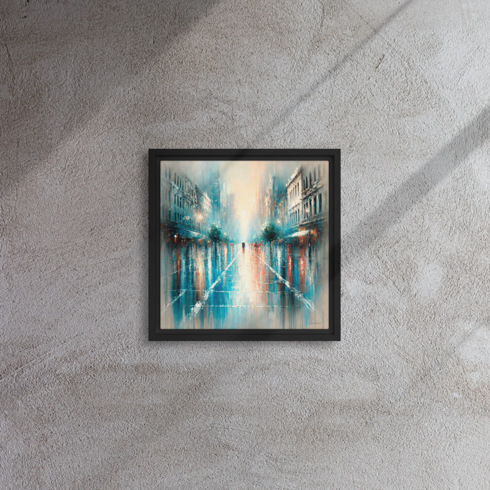 Reflections in the Rain Framed Canvas | Vibrant Urban Art by Leah Verne