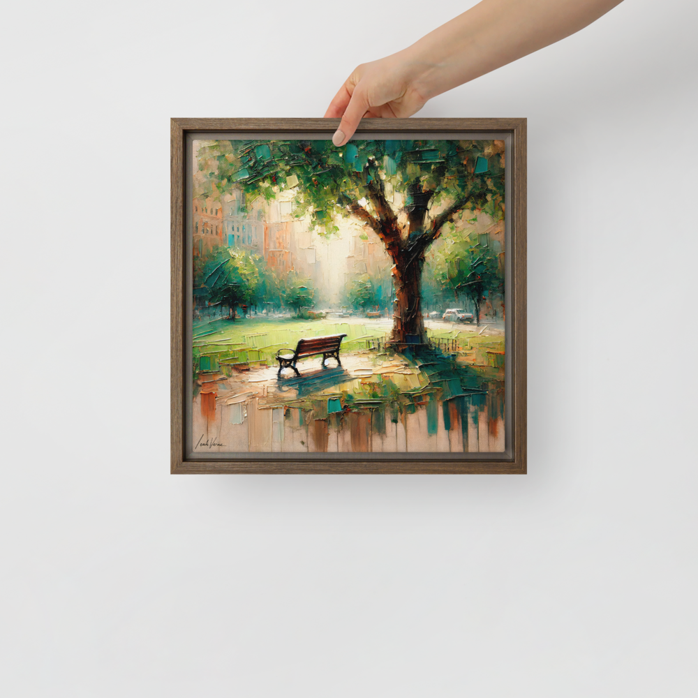 Park Bench Solitude Framed Canvas | Peaceful Urban Escape by Leah Verne