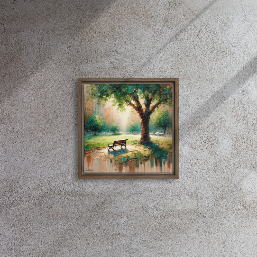 Park Bench Solitude Framed Canvas | Peaceful Urban Escape by Leah Verne