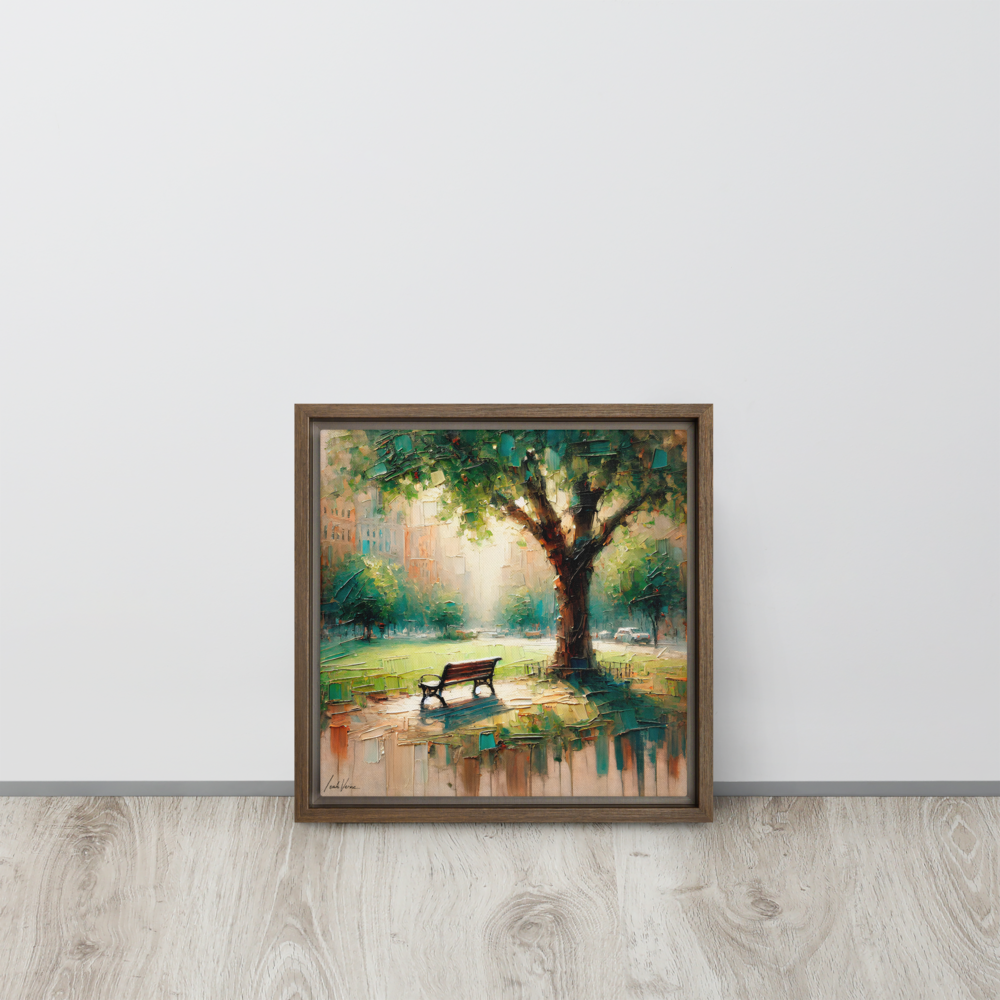 Park Bench Solitude Framed Canvas | Peaceful Urban Escape by Leah Verne