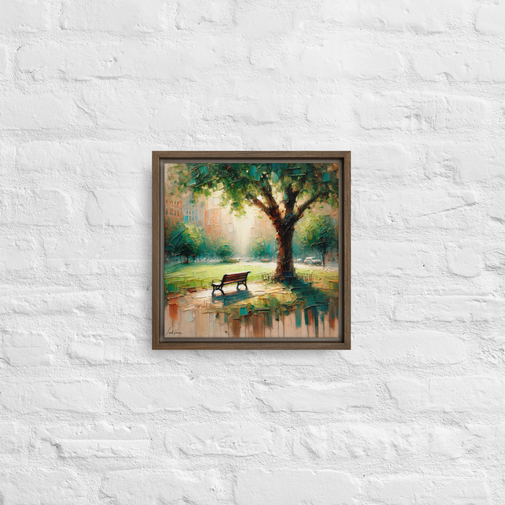 Park Bench Solitude Framed Canvas | Peaceful Urban Escape by Leah Verne