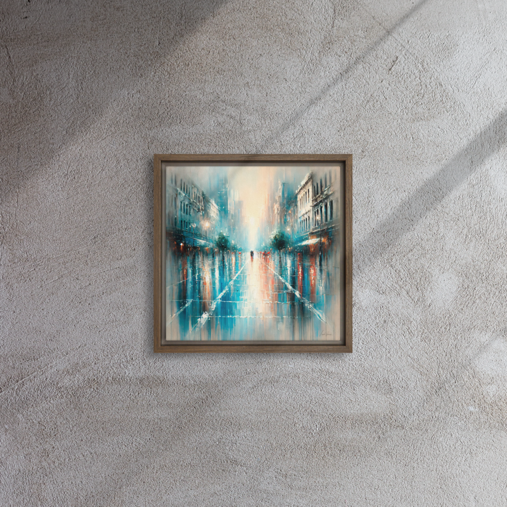 Reflections in the Rain Framed Canvas | Vibrant Urban Art by Leah Verne