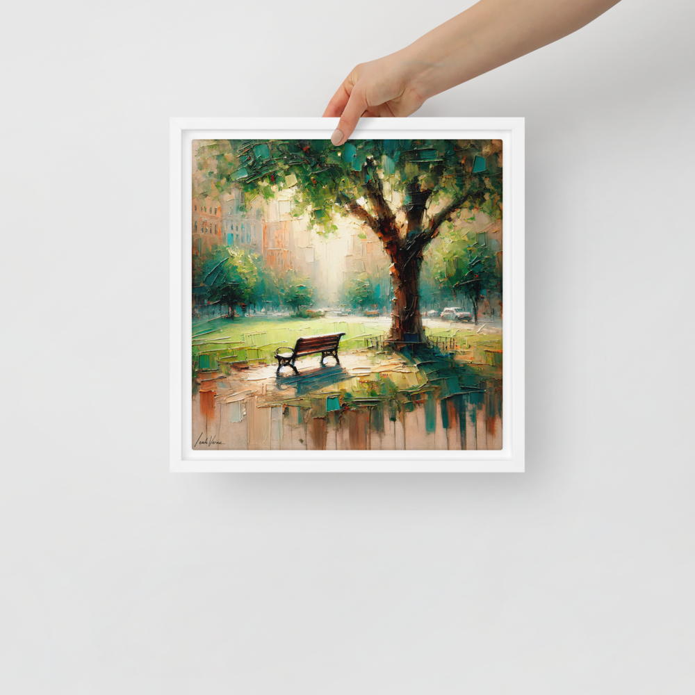 Park Bench Solitude Framed Canvas | Peaceful Urban Escape by Leah Verne