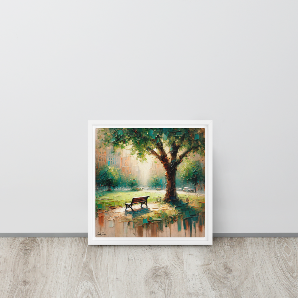 Park Bench Solitude Framed Canvas | Peaceful Urban Escape by Leah Verne