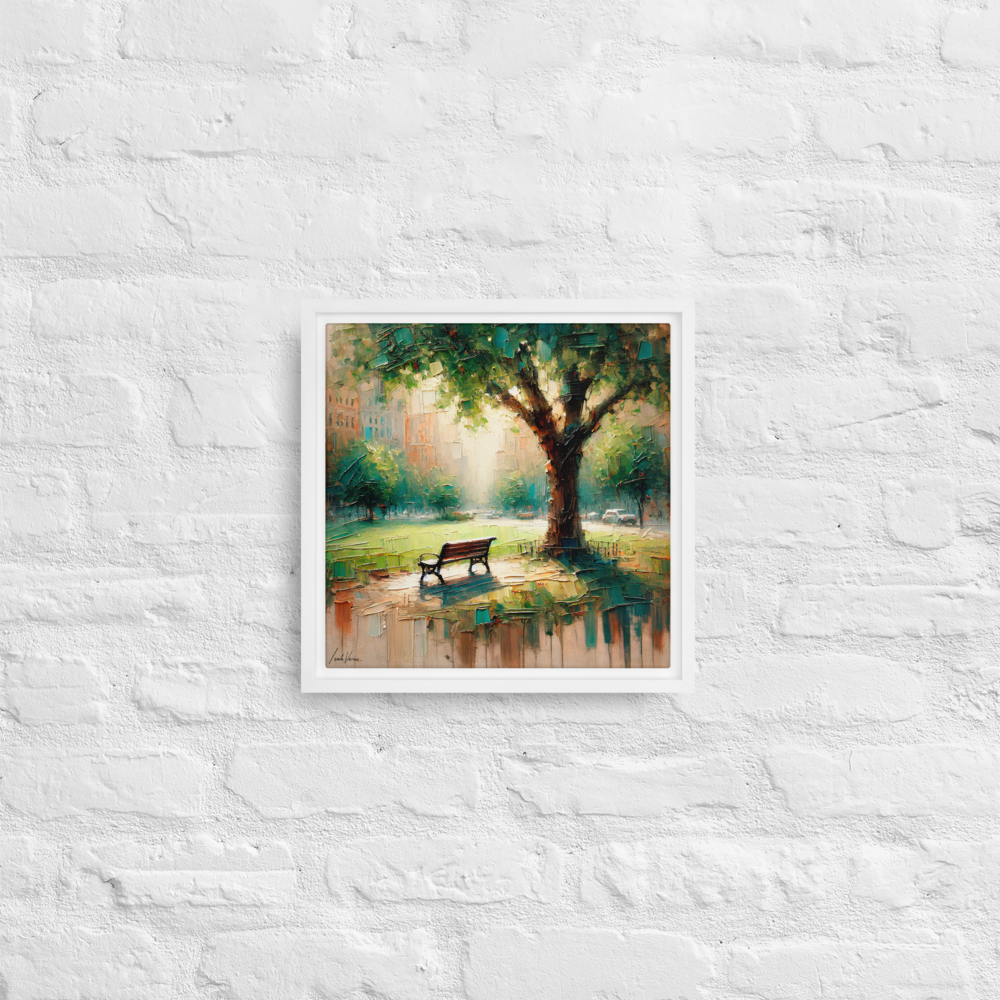 Park Bench Solitude Framed Canvas | Peaceful Urban Escape by Leah Verne