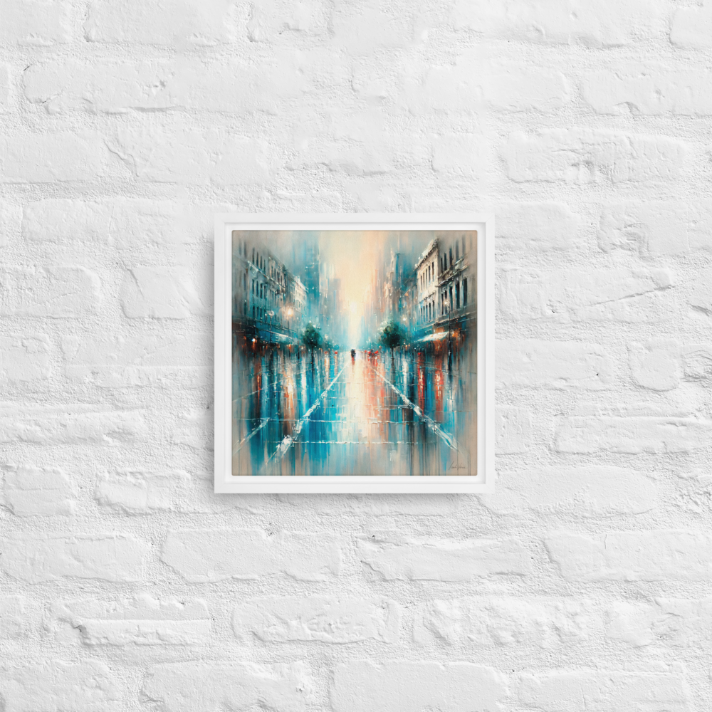 Reflections in the Rain Framed Canvas | Vibrant Urban Art by Leah Verne